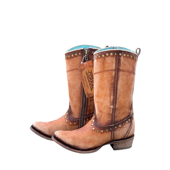 Corral Distressed Honey Leather Stud Zipper Western Boots 8.5 C3674 - Picture 4 of 6